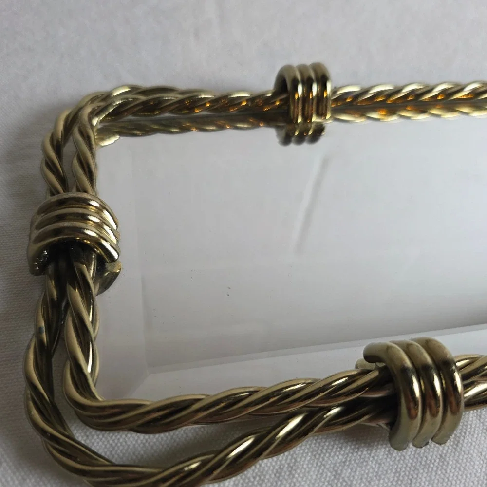 Vintage Brass Twisted Rope Wall Mirror Beveled Glass Gold Tray Hollywood Glam